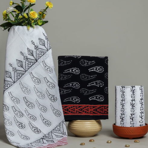 Traditional Hand Block Print Cotton Suit Set with Mulmul Dupatta (PRMUL17)